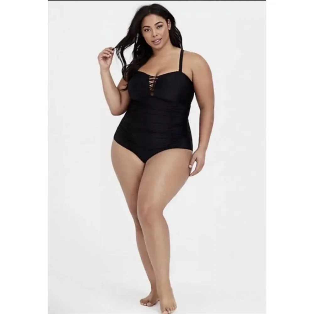 Torrid Wireless Lattice Ruched Black One-Piece Swimsuit 1X